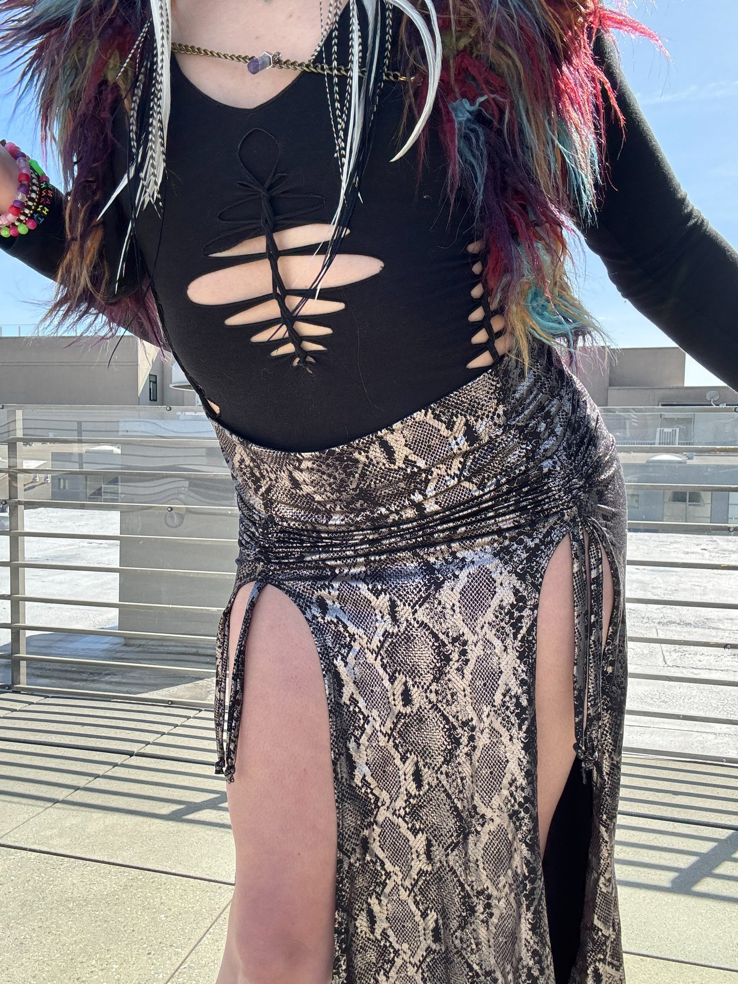 Silver Snakeskin - Full-Length Goddess Cinch Skirt - Size S/M