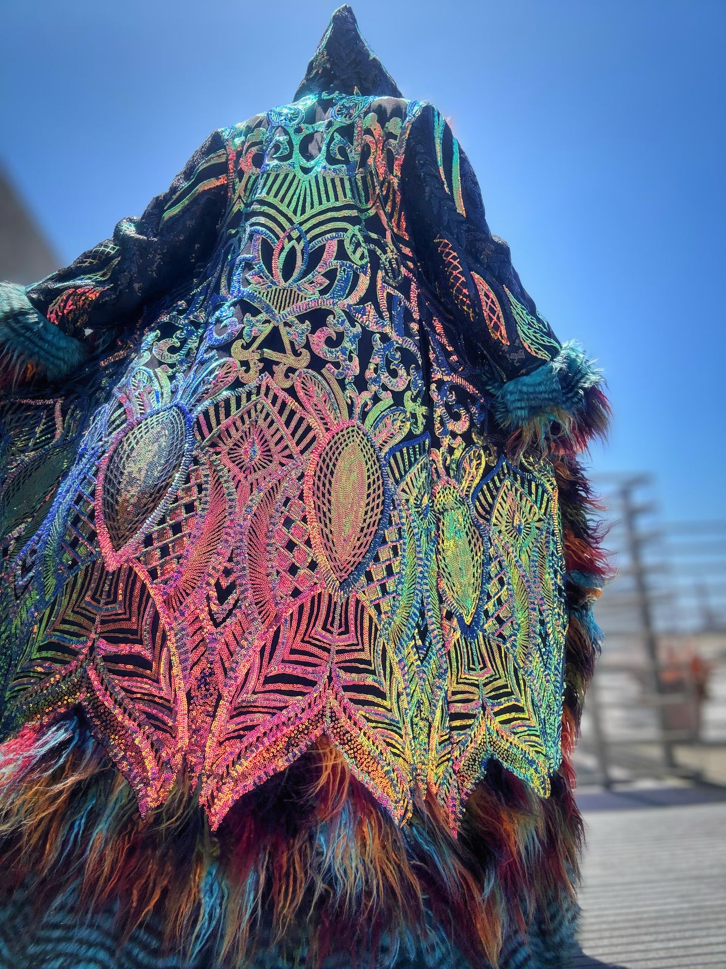 Custom Royalty Sequin Coat - Hooded, Reversible, Full Fur Trim w/ Patchwork Hem