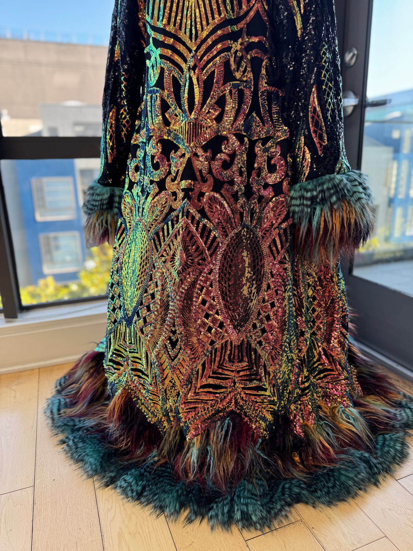 Custom Royalty Sequin Coat - Hooded, Reversible, Full Fur Trim w/ Patchwork Hem