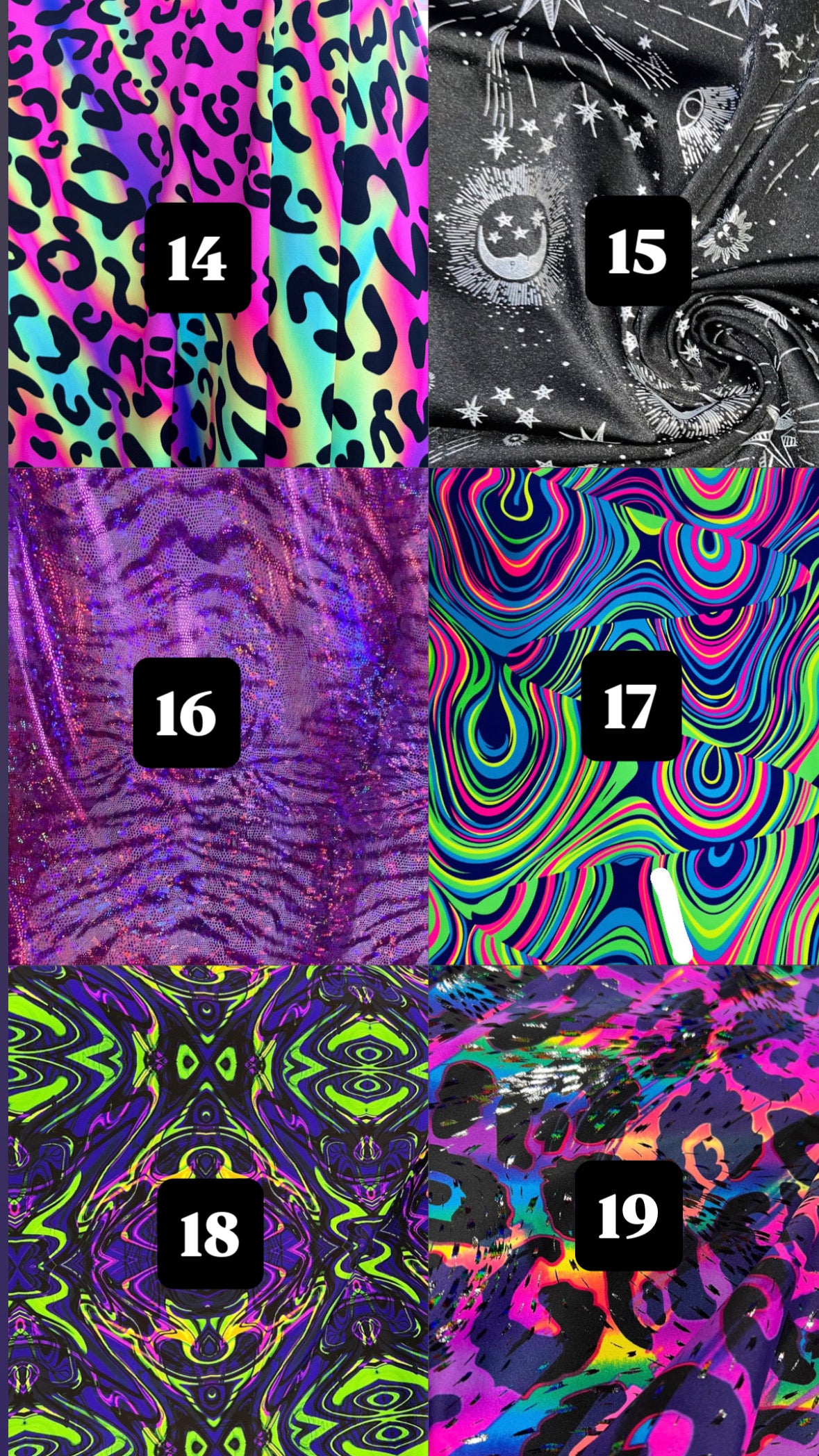 Six fabric swatch panels labeled 14 through 19, showing different psychedelic and abstract print options including neon rainbow leopard, black-and-white starry swirl, purple marbled texture, multicolor wavy rainbow pattern, and bright abstract neon composition.
