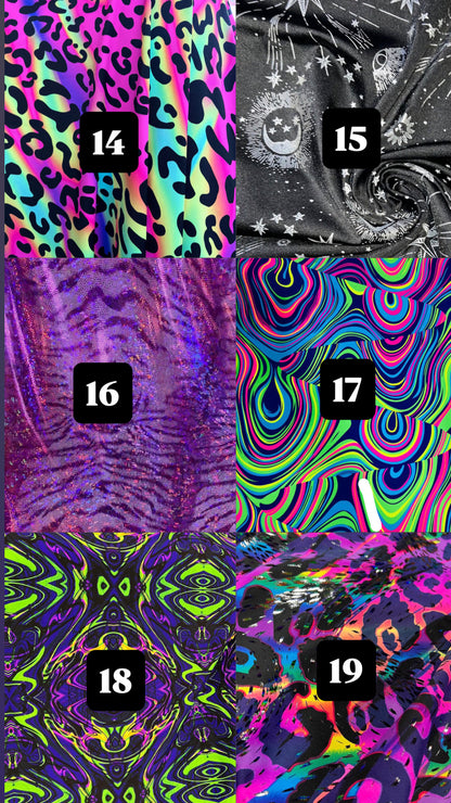 Six fabric swatch panels labeled 14 through 19, showing different psychedelic and abstract print options including neon rainbow leopard, black-and-white starry swirl, purple marbled texture, multicolor wavy rainbow pattern, and bright abstract neon composition.