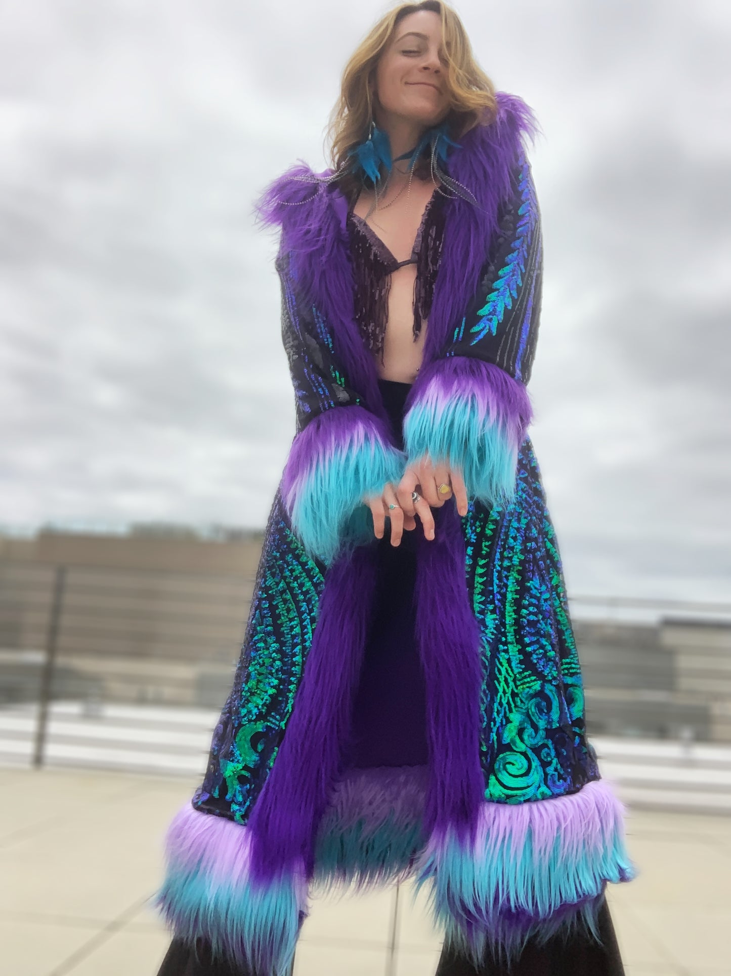 PEACOCK - Long Sequin Reversible Coat w/ Hood, Pockets, & Full Fur Trim- Made to Order