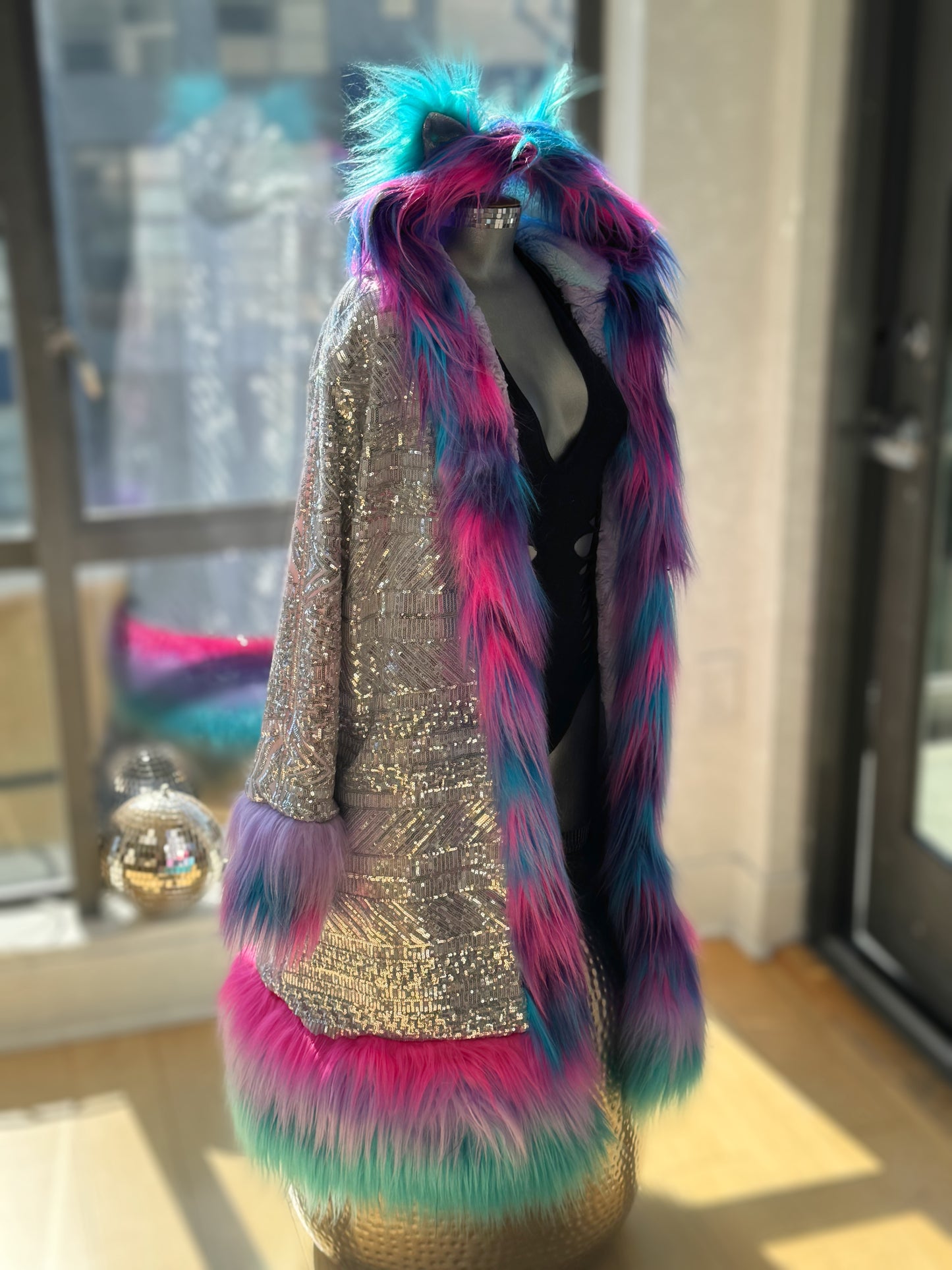 Custom Sequin Fluffe Coat - Reversible, Hooded w/ Full Fur Trim