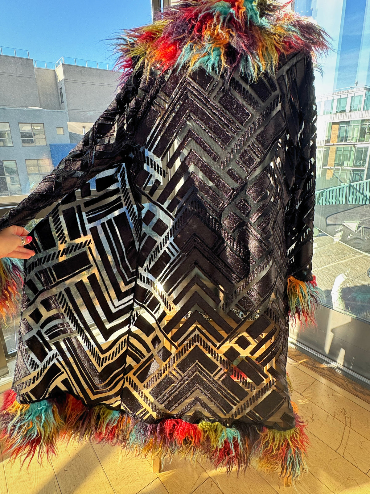Black Geometric - Burnout Velvet Duster w/ Fur Trim [READY TO SHIP]