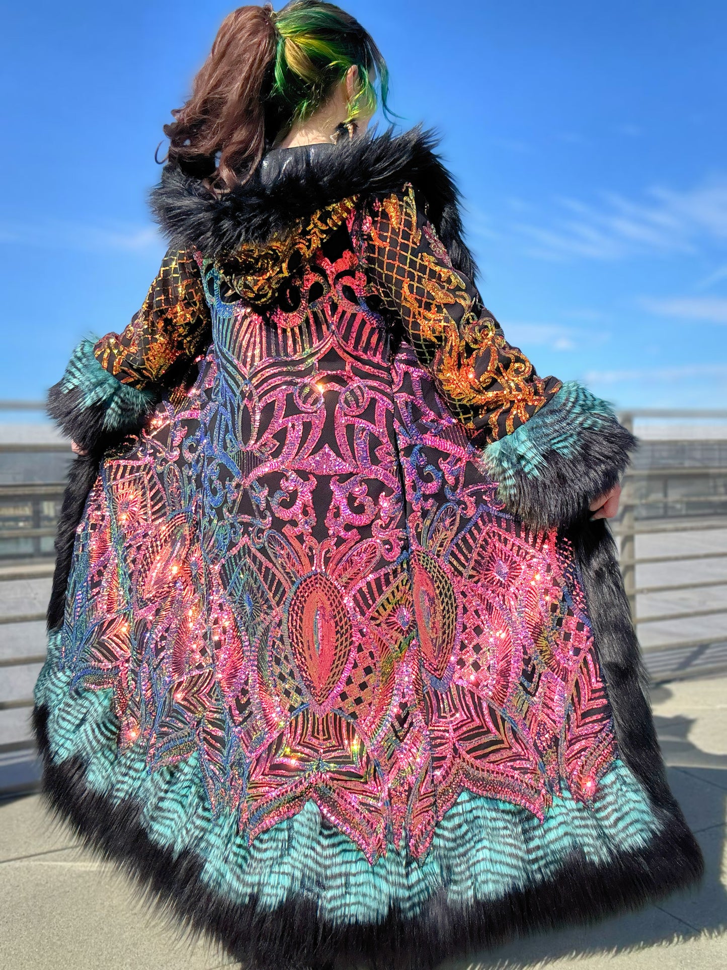 Custom Royalty Sequin Coat - Hooded, Reversible, Full Fur Trim w/ Patchwork Hem