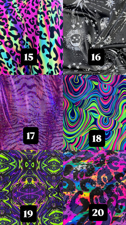 A 2x5 grid showing six different psychedelic fabric or pattern swatches, numbered 15 through 20 in black boxes. The designs include neon leopard print, black and white celestial print, purple tiger stripes, swirling rainbow waves, and kaleidoscopic abstract patterns.