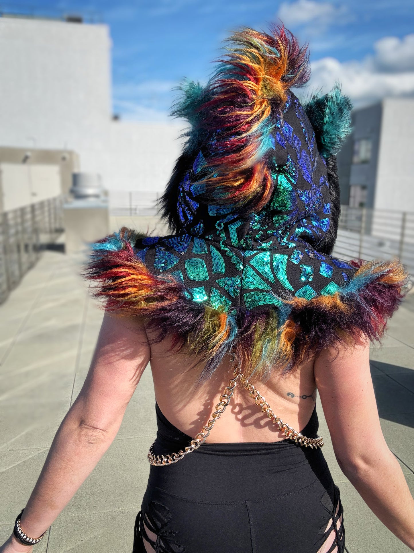 Rainbow Peacock - Sequin Fluffe Hood