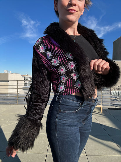 Pink Daisy Crop Jacket w/ Lace Up Sleeves & Secret Pocket