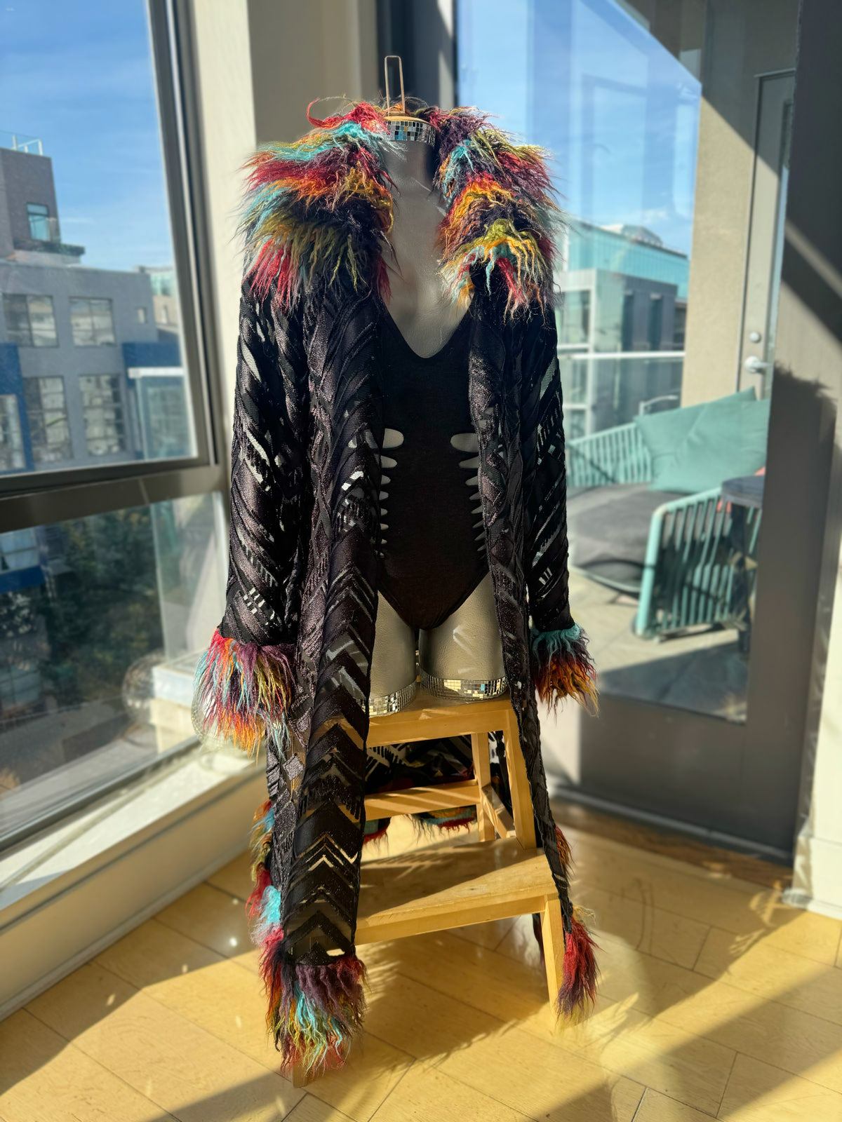 Black Geometric - Burnout Velvet Duster w/ Fur Trim [READY TO SHIP]