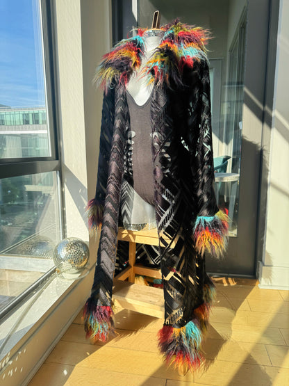 Black Geometric - Burnout Velvet Duster w/ Fur Trim [READY TO SHIP]