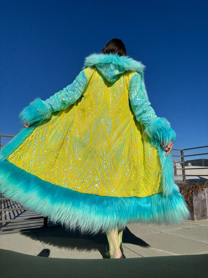 Custom Sequin Fluffe Coat - Reversible, Hooded w/ Full Fur Trim