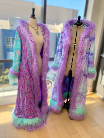 GEOMETRIC LAVENDER/MINT - Long Sequin Reversible Coat