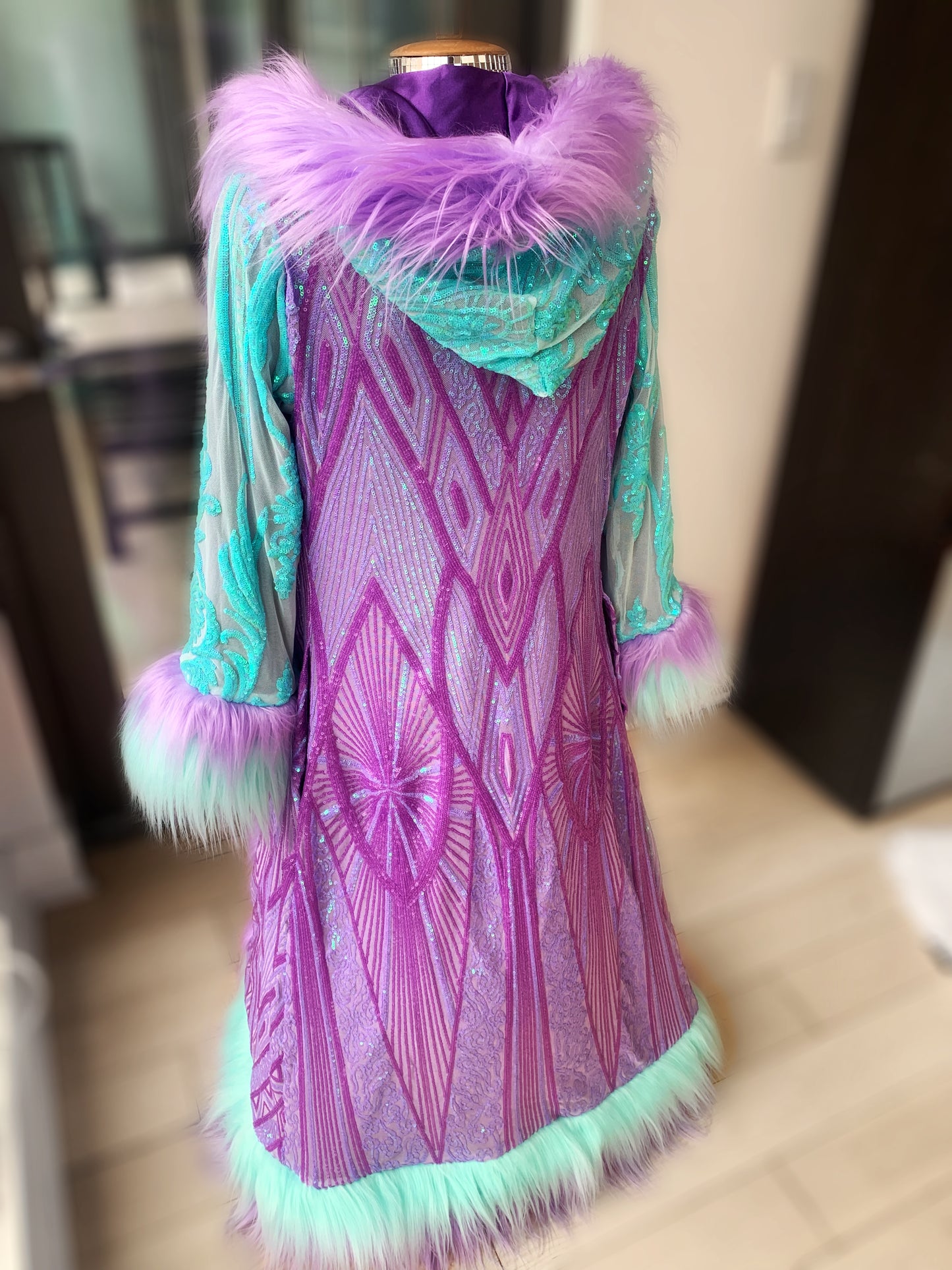 GEOMETRIC LAVENDER/MINT - Long Sequin Reversible Coat