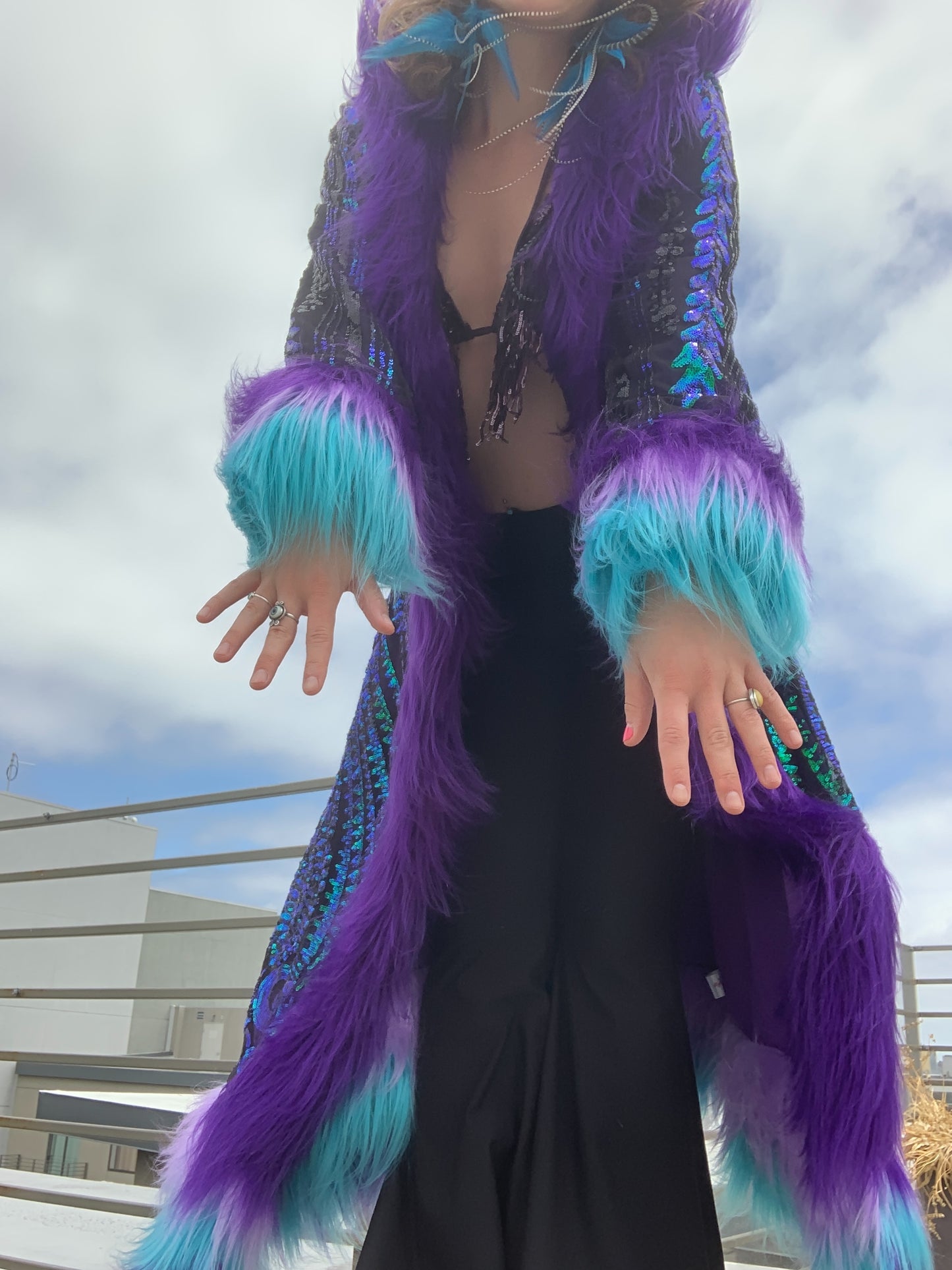 PEACOCK - Long Sequin Reversible Coat w/ Hood, Pockets, & Full Fur Trim- Made to Order