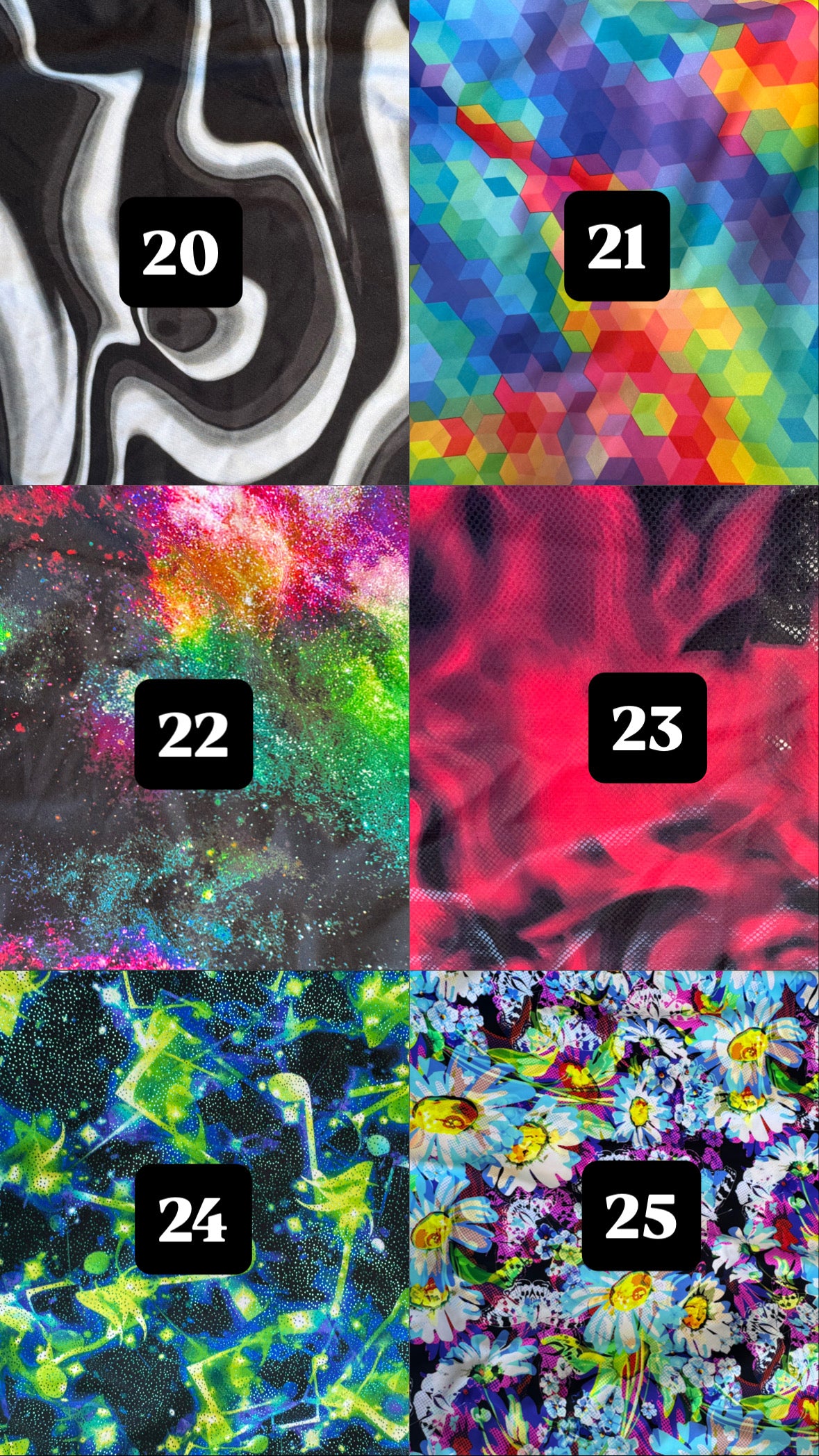 A 3x2 grid of six fabric or pattern swatches labeled 20 through 25, showing abstract black-and-white swirls, multicolor geometric shapes, neon-like splatter effects, pink and red marbled textures, electric blue/green abstract patterns, and a daisy floral print.