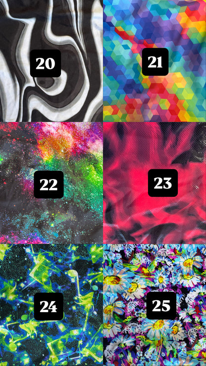 A 3x2 grid of six fabric or pattern swatches labeled 20 through 25, showing abstract black-and-white swirls, multicolor geometric shapes, neon-like splatter effects, pink and red marbled textures, electric blue/green abstract patterns, and a daisy floral print.