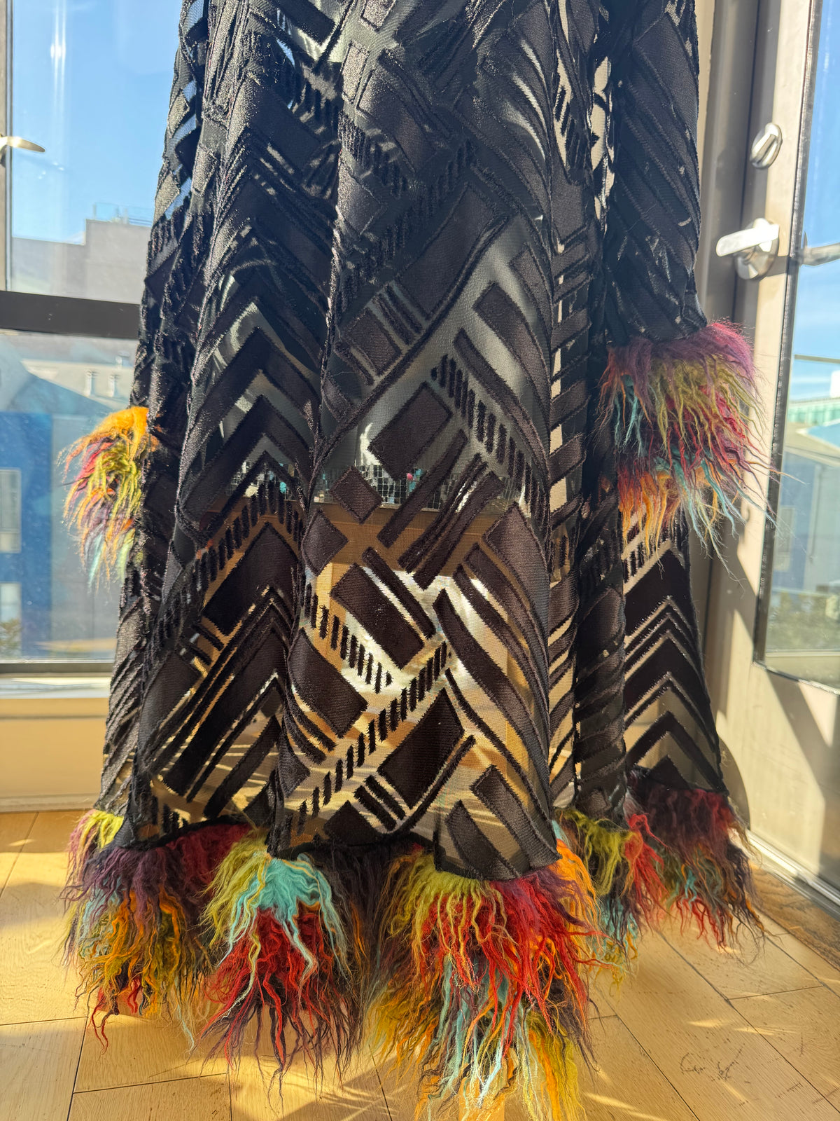 Black Geometric - Burnout Velvet Duster w/ Fur Trim [READY TO SHIP]