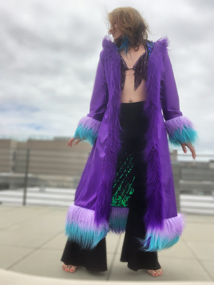 PEACOCK - Long Sequin Reversible Coat w/ Hood, Pockets, & Full Fur Trim- Made to Order