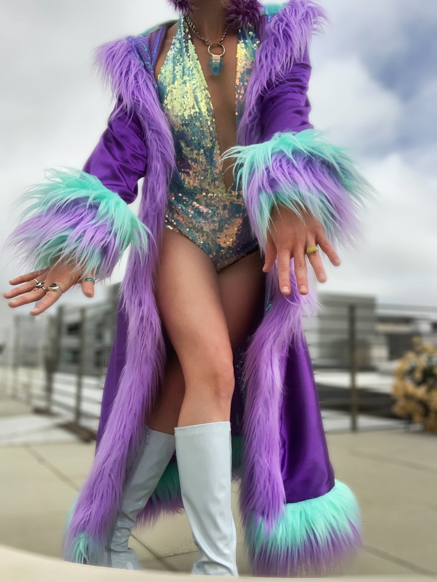 GEOMETRIC LAVENDER/MINT - Long Sequin Reversible Coat