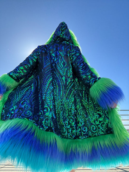 Custom Sequin Fluffe Coat - Reversible, Hooded w/ Full Fur Trim