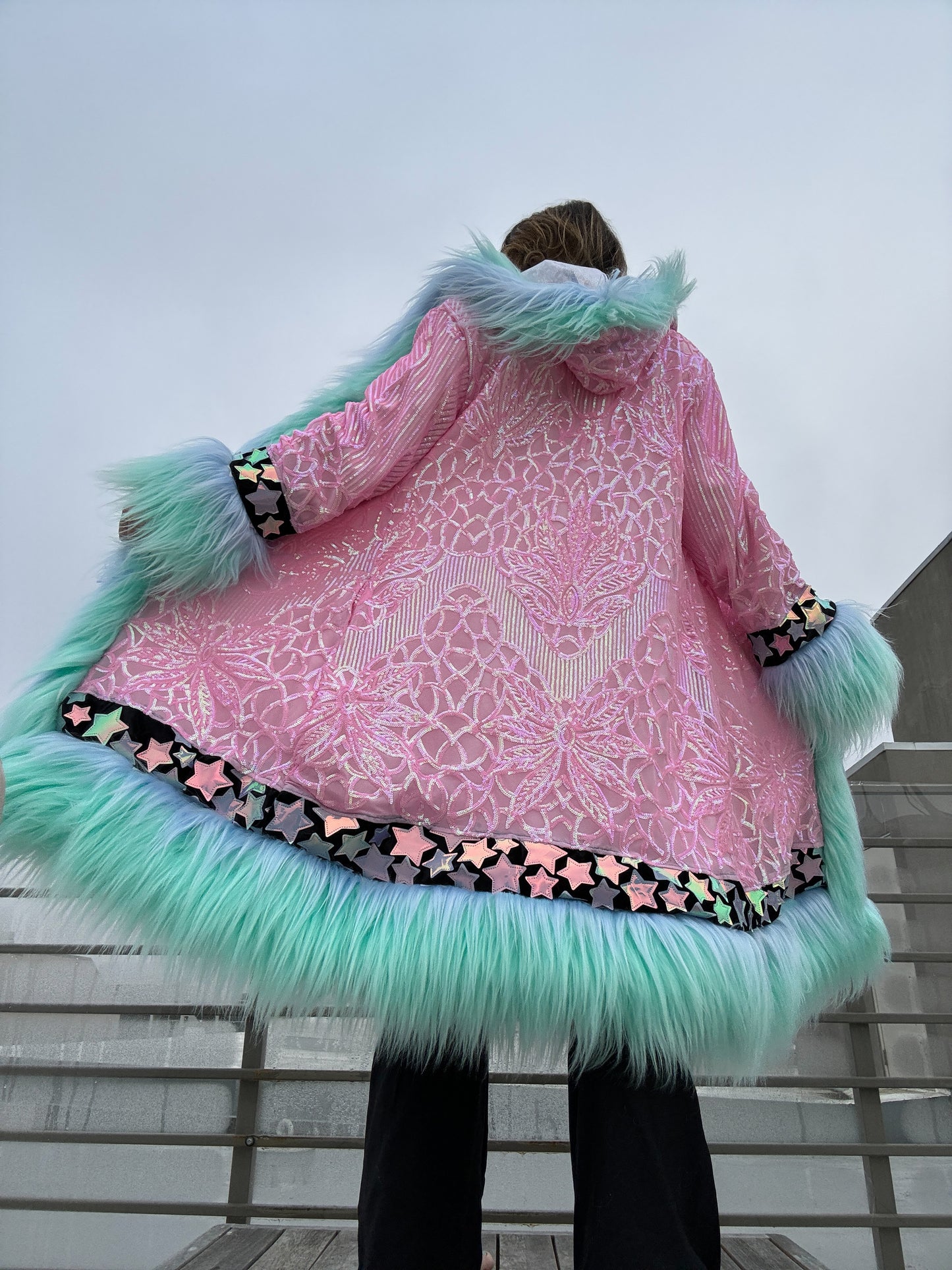 Custom Sequin Fluffe Coat - Reversible, Hooded w/ Full Fur Trim