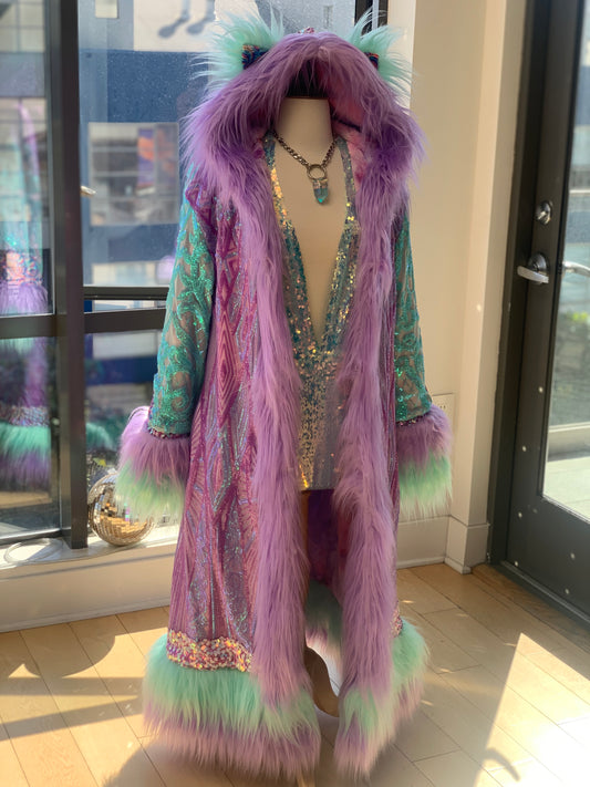 GEOMETRIC LAVENDER/MINT - Long Sequin Reversible Coat