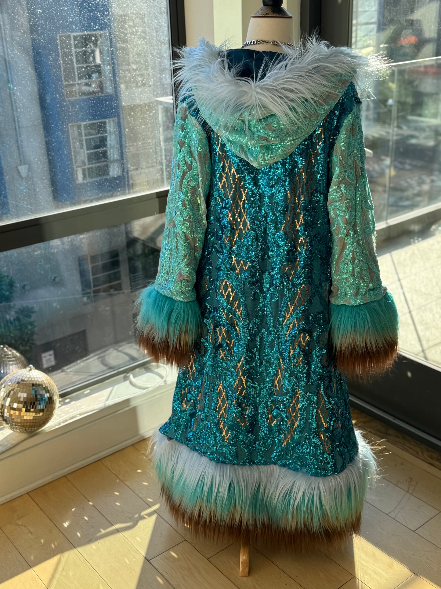 Custom Sequin Fluffe Coat - Reversible, Hooded w/ Full Fur Trim