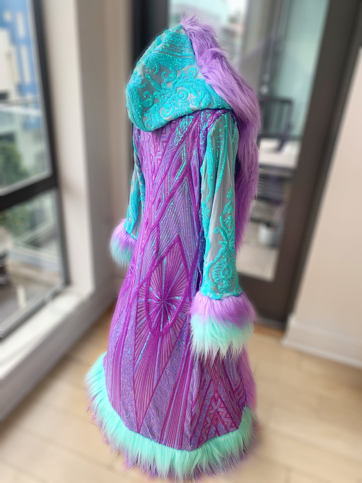 GEOMETRIC LAVENDER/MINT - Long Sequin Reversible Coat