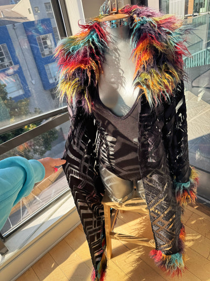 Black Geometric - Burnout Velvet Duster w/ Fur Trim [READY TO SHIP]