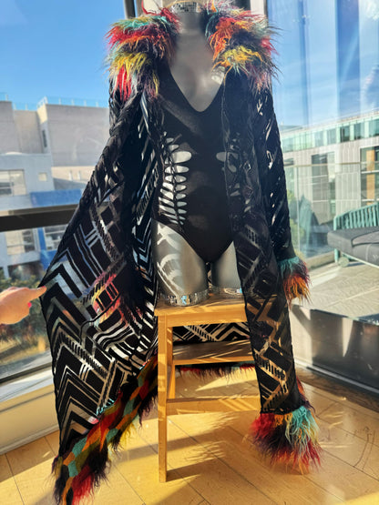 Black Geometric - Burnout Velvet Duster w/ Fur Trim [READY TO SHIP]