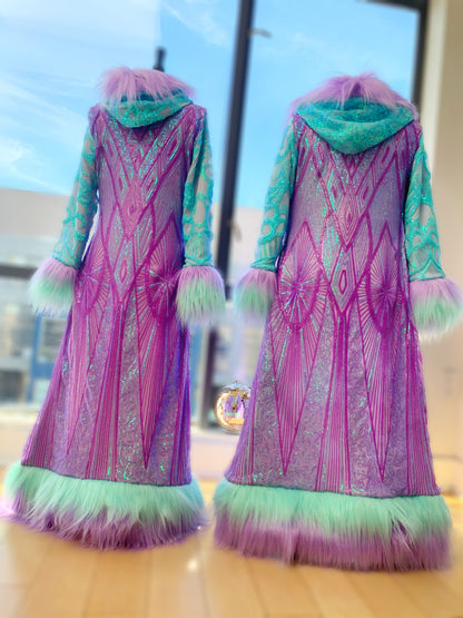 GEOMETRIC LAVENDER/MINT - Long Sequin Reversible Coat