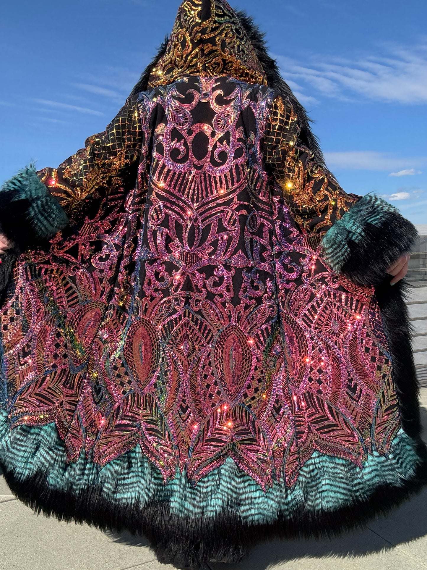 Custom Royalty Sequin Coat - Hooded, Reversible, Full Fur Trim w/ Patchwork Hem