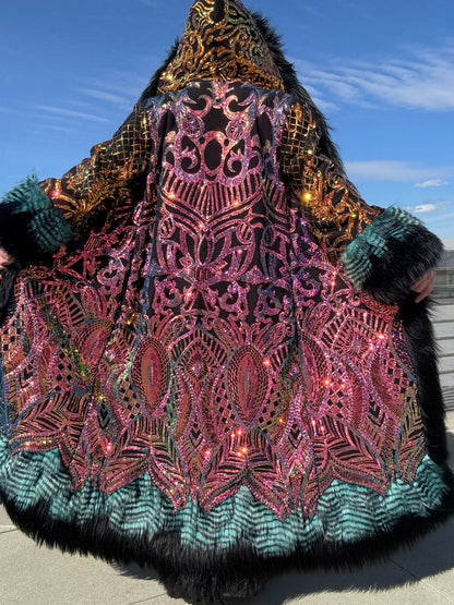 Custom Royalty Sequin Coat - Hooded, Reversible, Full Fur Trim w/ Patchwork Hem