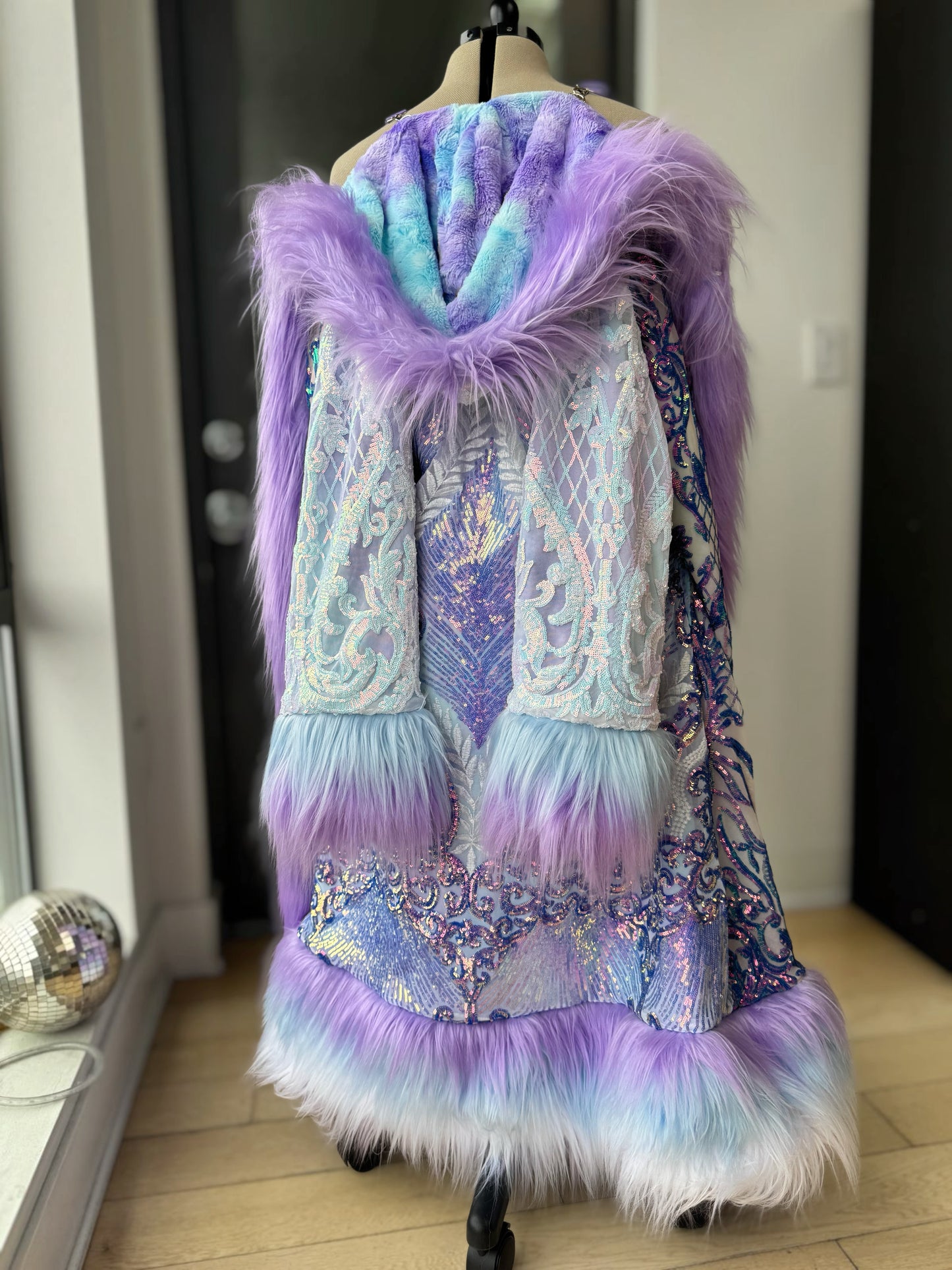 Custom Sequin Fluffe Coat - Reversible, Hooded w/ Full Fur Trim