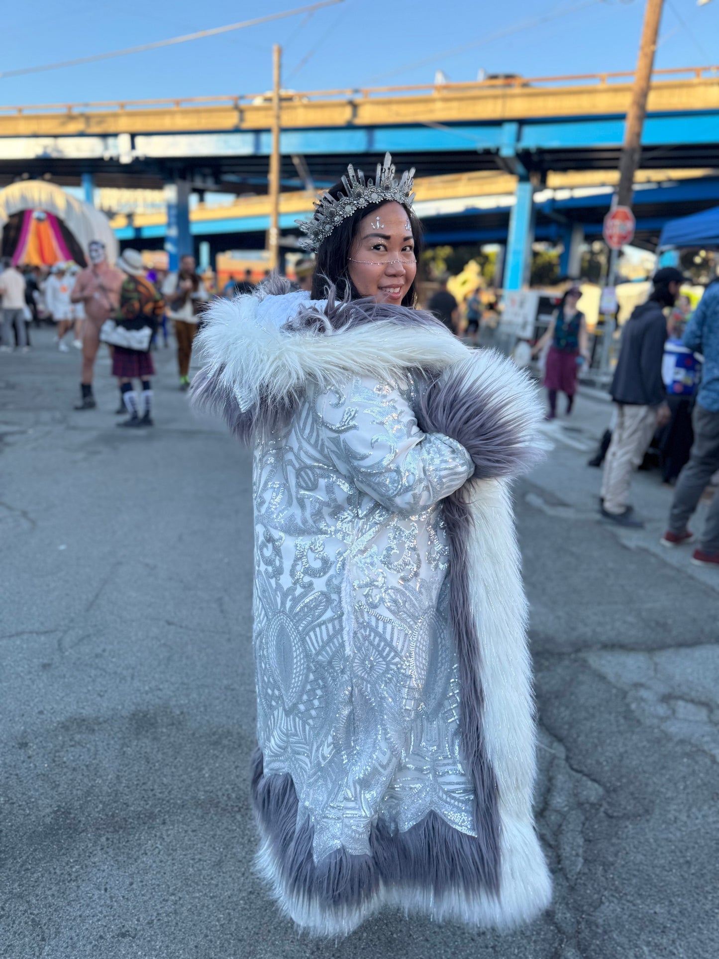 Custom Royalty Sequin Coat - Hooded, Reversible, Full Fur Trim w/ Patchwork Hem