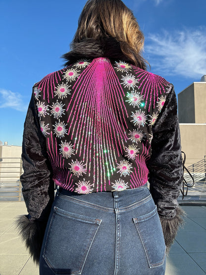 Pink Daisy Crop Jacket w/ Lace Up Sleeves & Secret Pocket