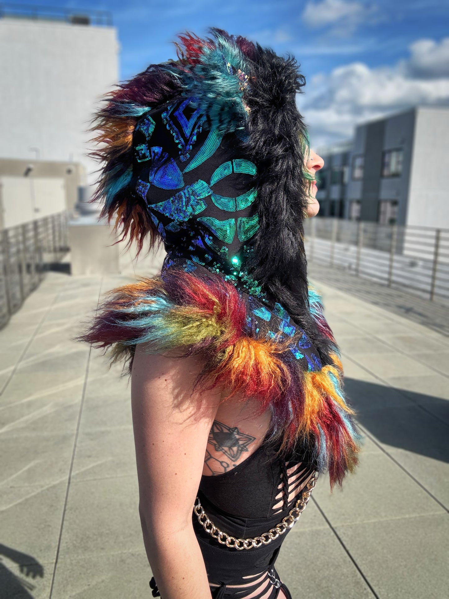 Rainbow Peacock - Sequin Fluffe Hood