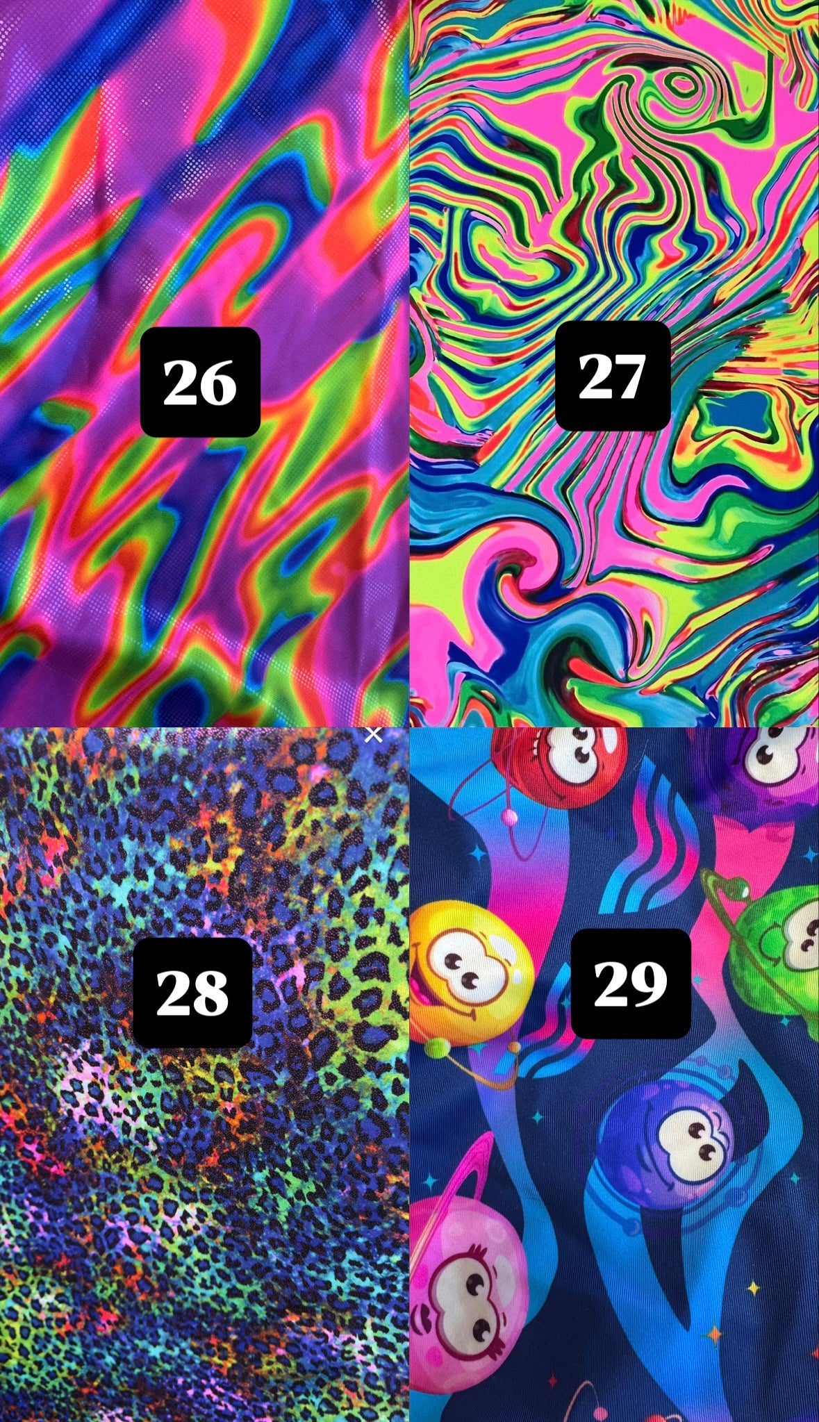 A 2x2 grid showing four colorful abstract pattern options labeled 26, 27, 28, and 29. Many neon and bright colorful options for customizing your backpack conversion straps for your coat.