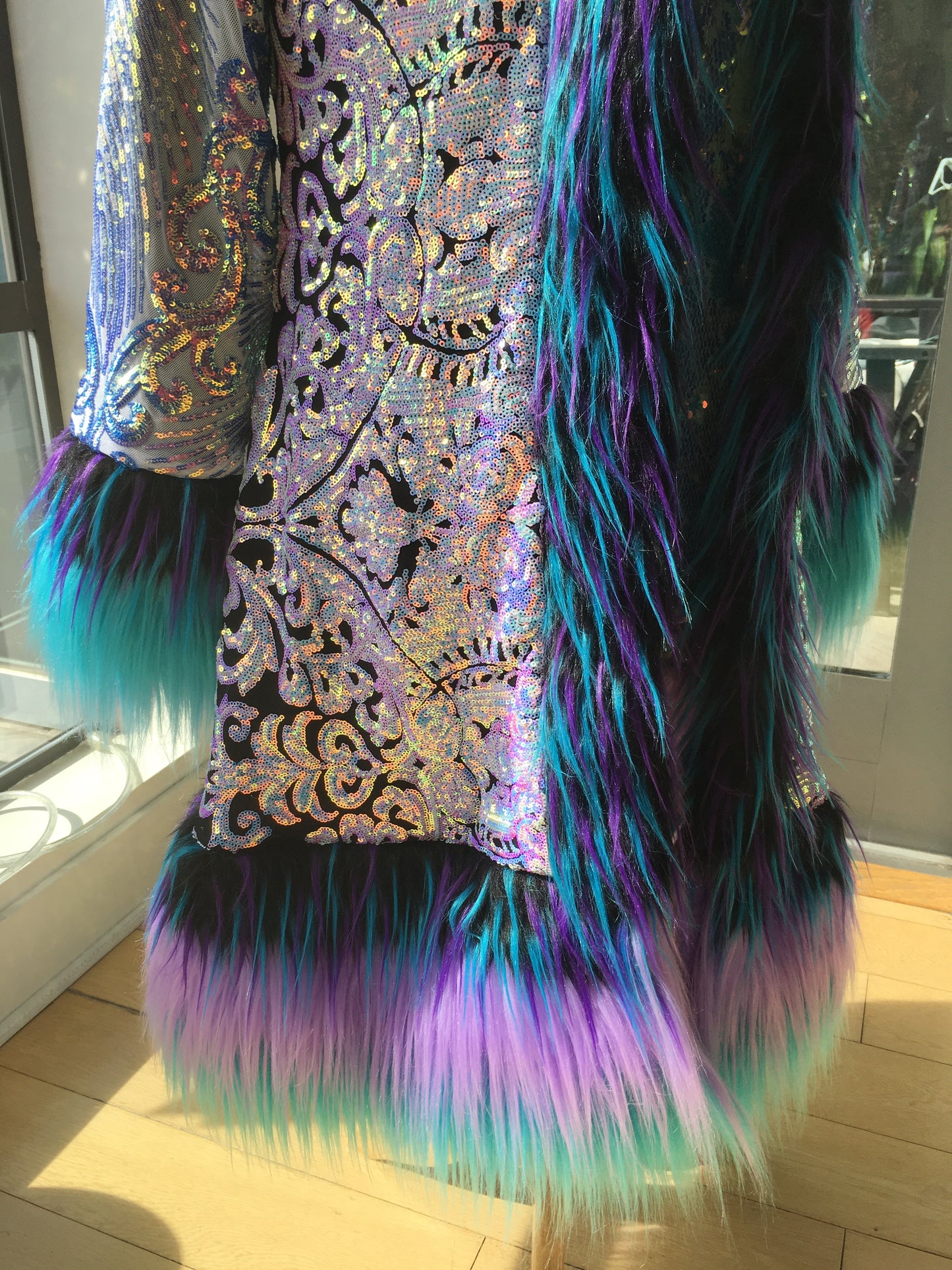 Custom Sequin Fluffe Coat - Reversible, Hooded w/ Full Fur Trim