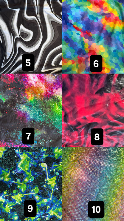 A 3x4 grid of ten abstract textured patterns, numbered 5 through 10 in black squares. The designs include black and white swirls, a multicolor geometric mosaic, a pink and green glittery abstract texture, a red and black fluid pattern, neon green and blue organic shapes, and a soft multicolor gradient mesh.