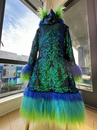 Custom Sequin Fluffe Coat - Reversible, Hooded w/ Full Fur Trim