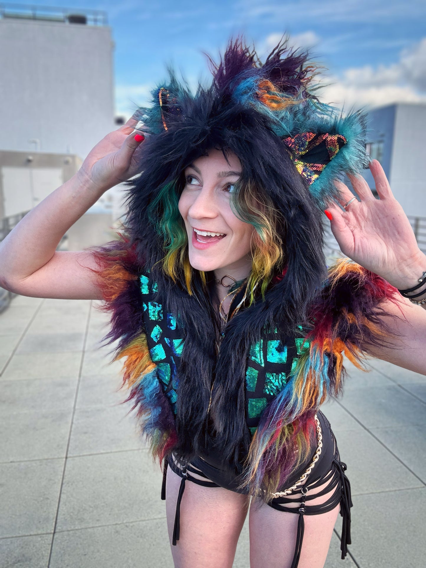 Rainbow Peacock - Sequin Fluffe Hood