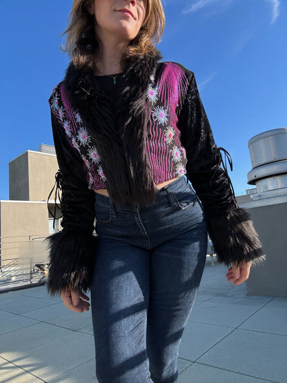 Pink Daisy Crop Jacket w/ Lace Up Sleeves & Secret Pocket