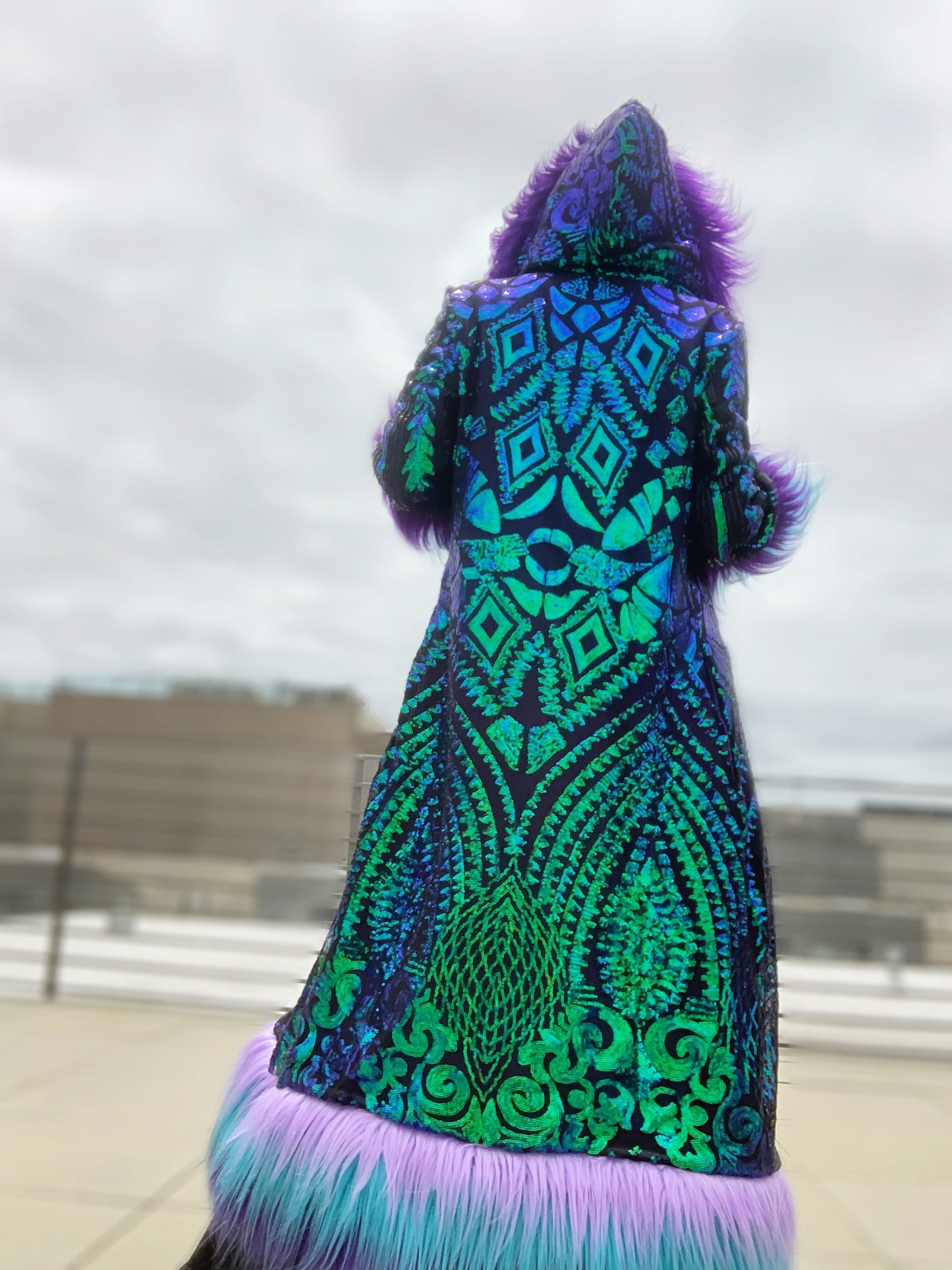 PEACOCK - Long Sequin Reversible Coat w/ Hood, Pockets, & Full Fur Trim- Made to Order