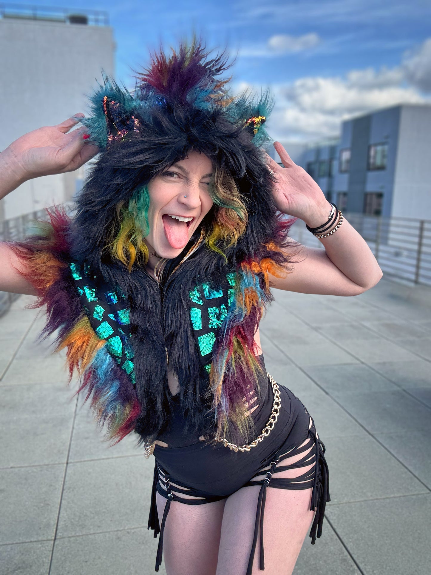 Rainbow Peacock - Sequin Fluffe Hood