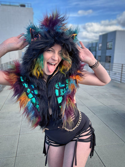 Rainbow Peacock - Sequin Fluffe Hood