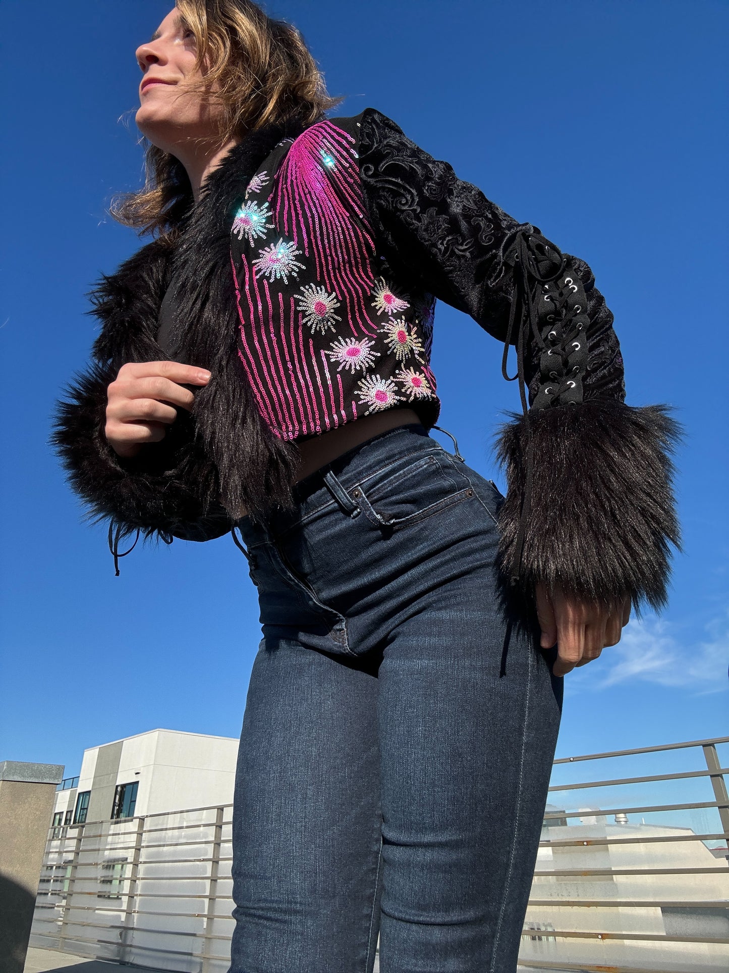 Pink Daisy Crop Jacket w/ Lace Up Sleeves & Secret Pocket