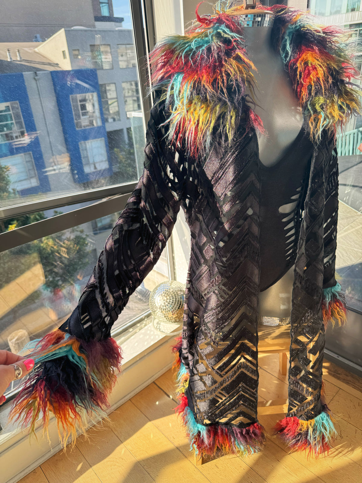 Black Geometric - Burnout Velvet Duster w/ Fur Trim [READY TO SHIP]