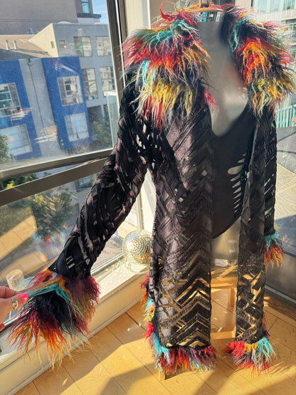 Black Geometric - Burnout Velvet Duster w/ Fur Trim [READY TO SHIP]