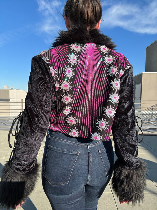 Pink Daisy Crop Jacket w/ Lace Up Sleeves & Secret Pocket